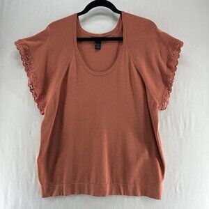 Marina Luna Knit Flutter Sleeve Top Womens 1X Eyelet Lace Trim Scoop Neck Brown